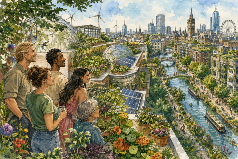 Sunlit rooftop ecological garden cityscape